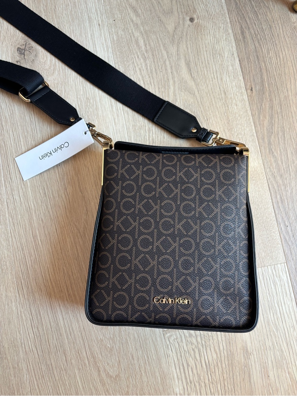 Calvin Klein Dark Brown Monogram Crossbody Bag with Black Strap